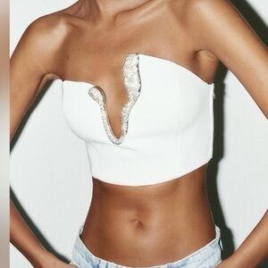 Zara White With Rhinestone Strapless Cropped Bustier Top